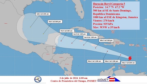 Huracán Beryl alcanza la categoría 5 en el Caribe oriental
