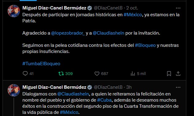 Regresa Díaz-Canel a Cuba tras participar en investidura de Sheinbaum