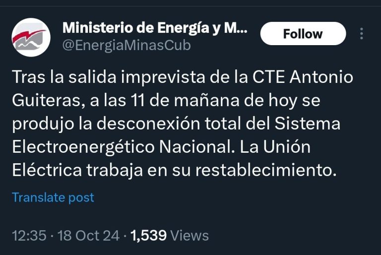 Salida imprevista de la CTA Antonio Guiteras provoca desconexión total del Sistema Electroenergético Nacional